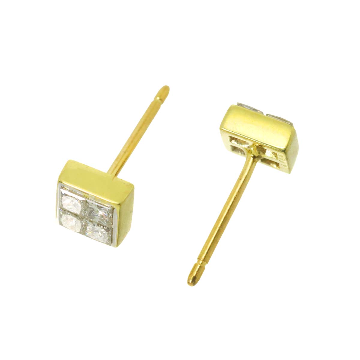 Square Diamond Earrings Pierced 18K Yellow Gold 750