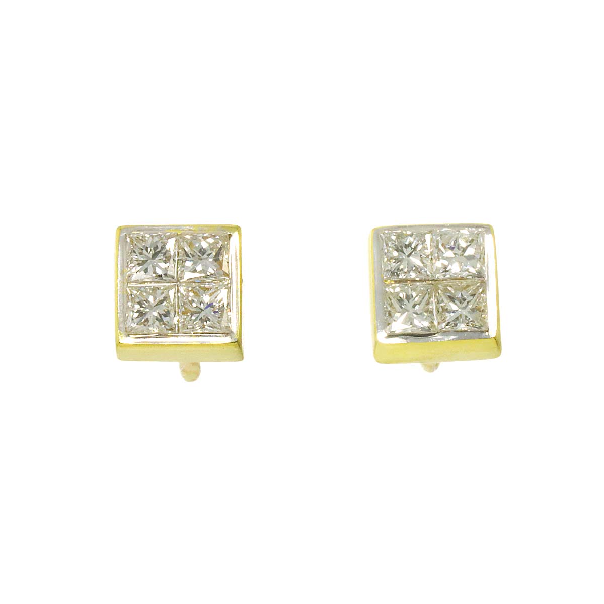 Square Diamond Earrings Pierced 18K Yellow Gold 750