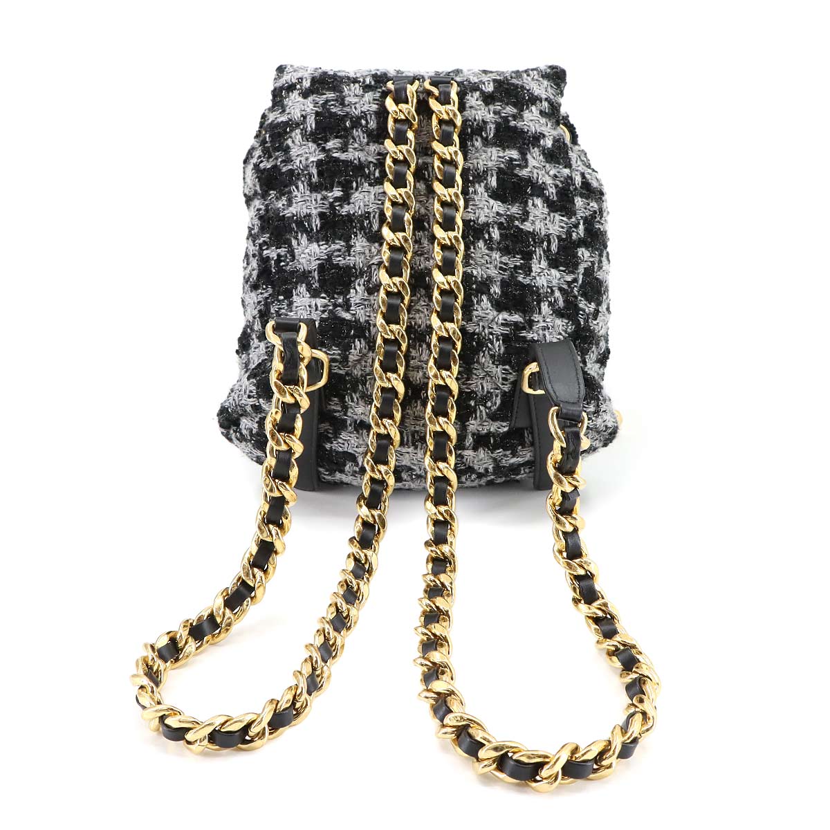 Chain Backpack Tweed Leather Black Gray Coco Logos