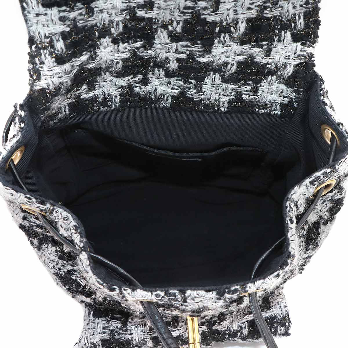 Chain Backpack Tweed Leather Black Gray Coco Logos