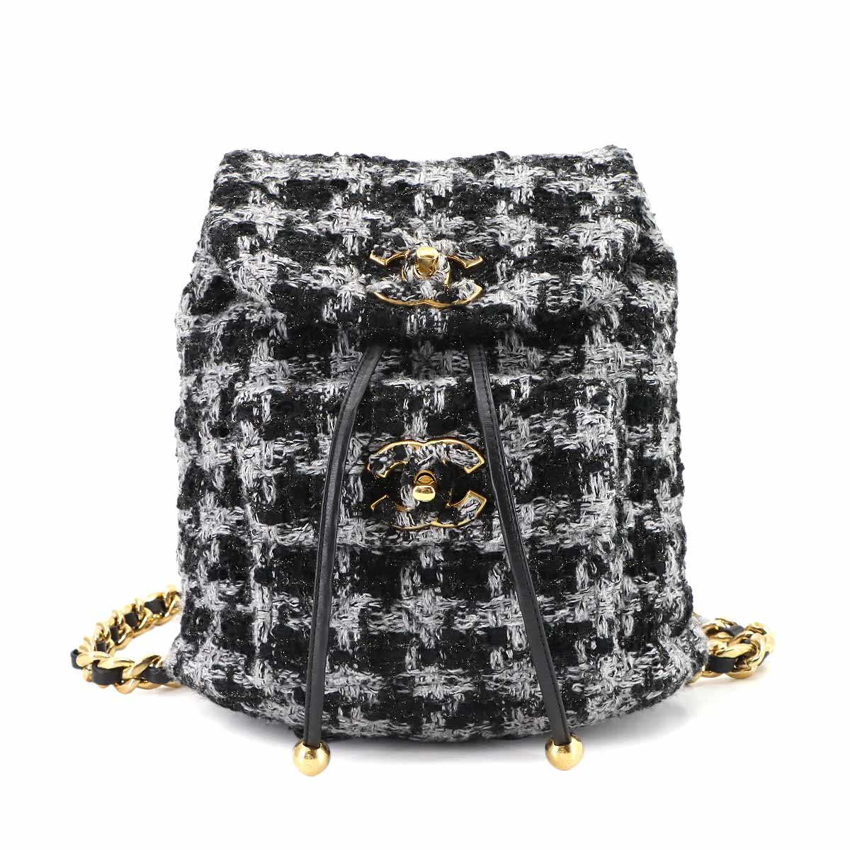 Chain Backpack Tweed Leather Black Gray Coco Logos