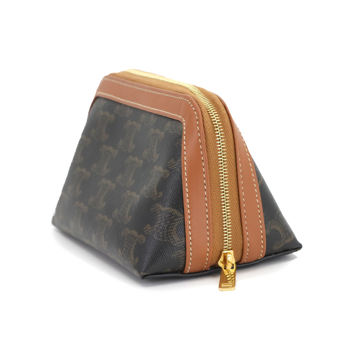 Triomphe Small Cosmetic Pouch PVC Leather Tan Brown Purse