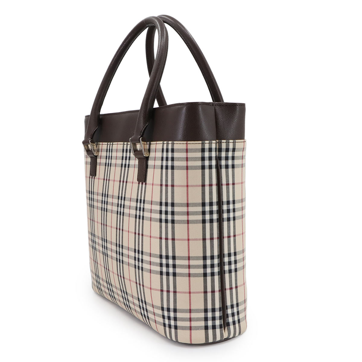 Plaid Tote Bag Canvas Leather Beige Brown Purse
