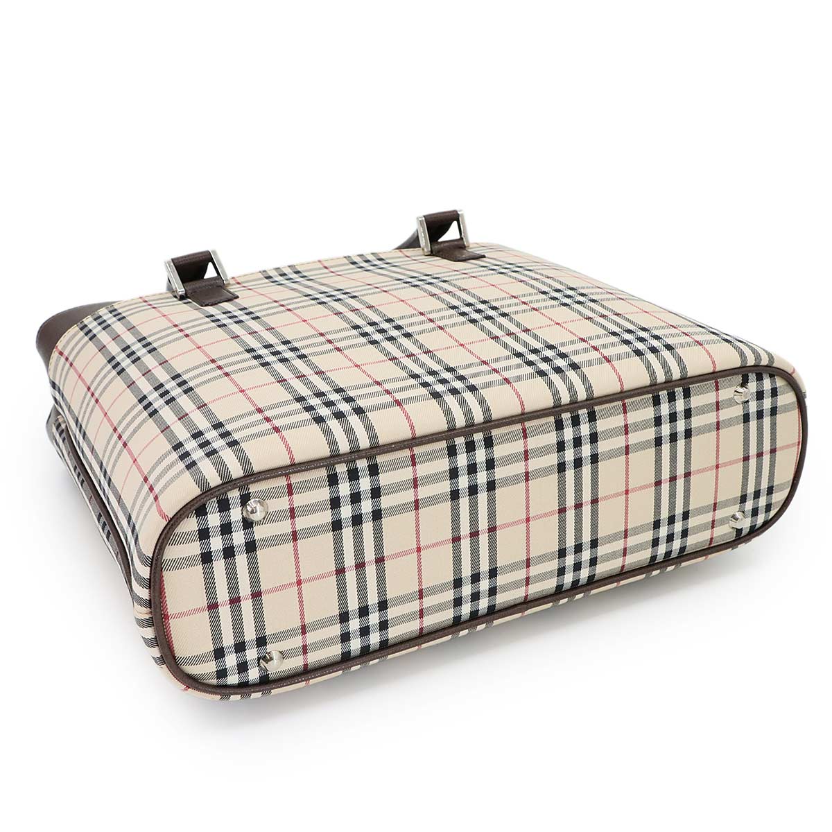 Plaid Tote Bag Canvas Leather Beige Brown Purse