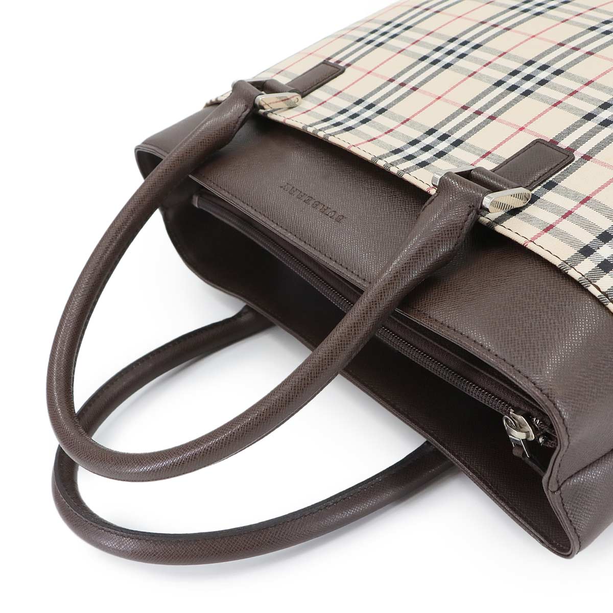 Plaid Tote Bag Canvas Leather Beige Brown Purse