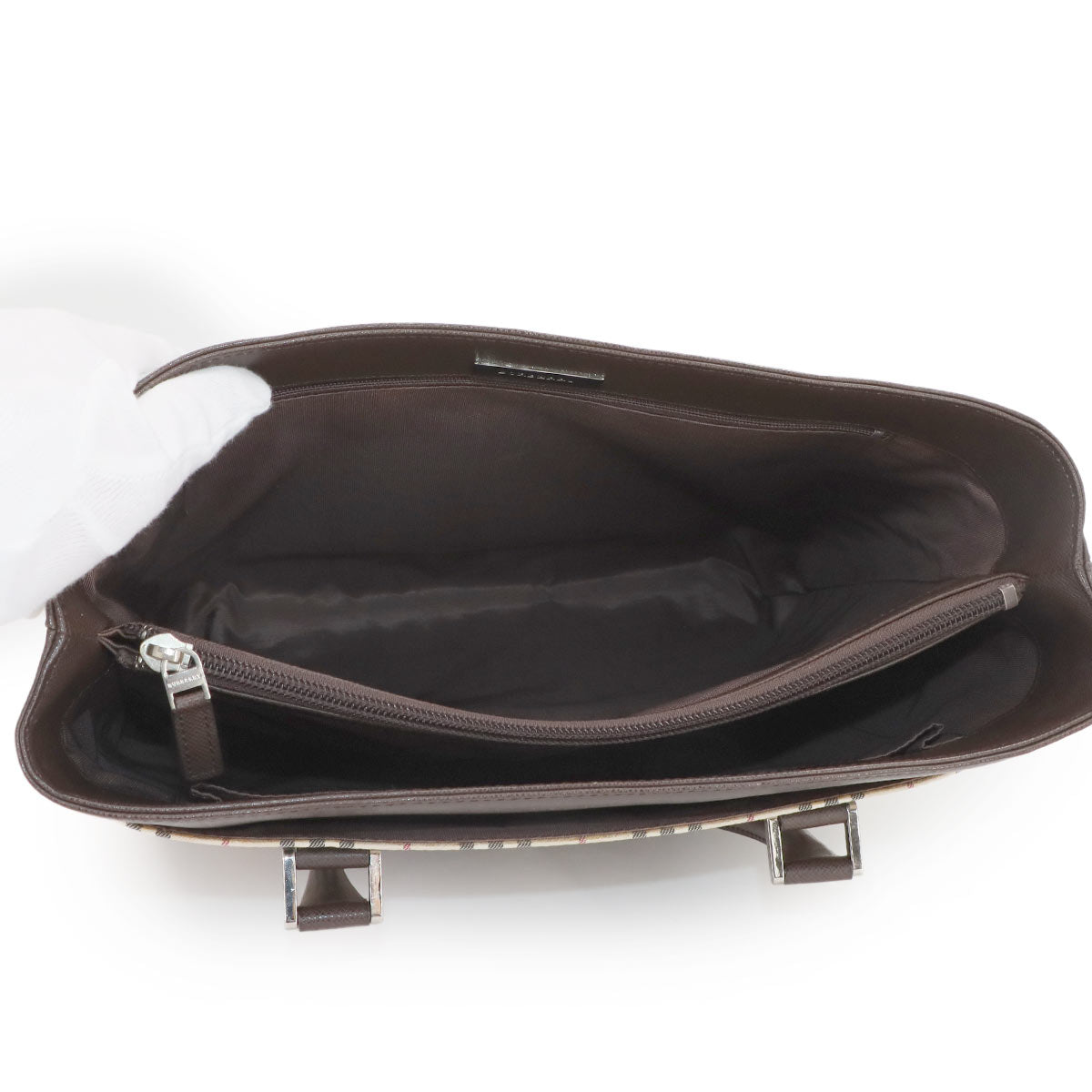 Plaid Tote Bag Canvas Leather Beige Brown Purse