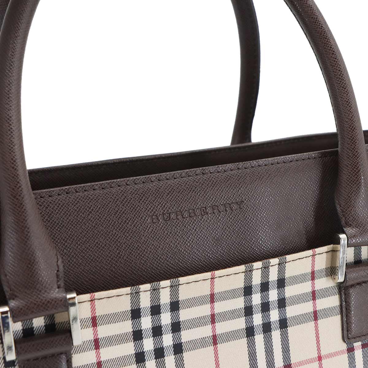 Plaid Tote Bag Canvas Leather Beige Brown Purse