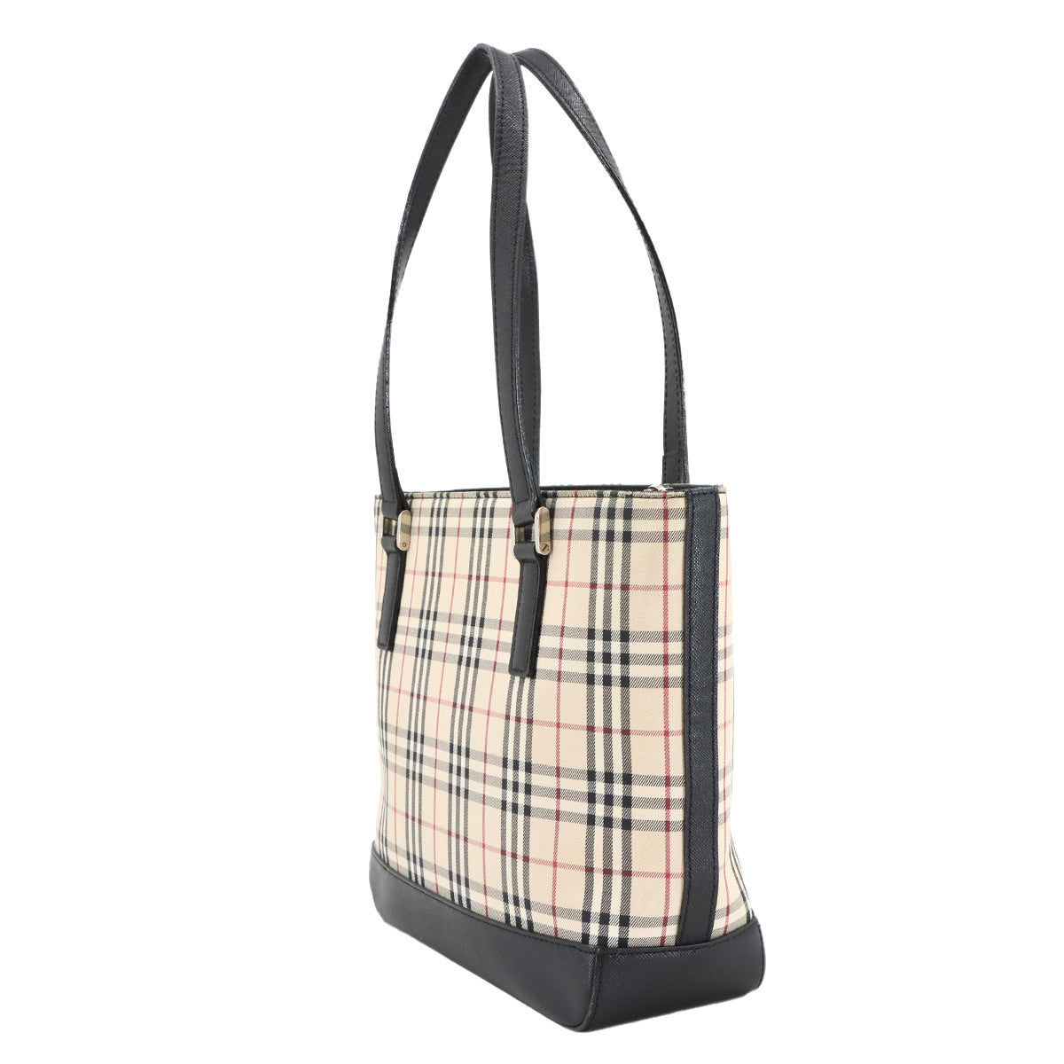Plaid Hand Bag Canvas Leather Beige Black Purse