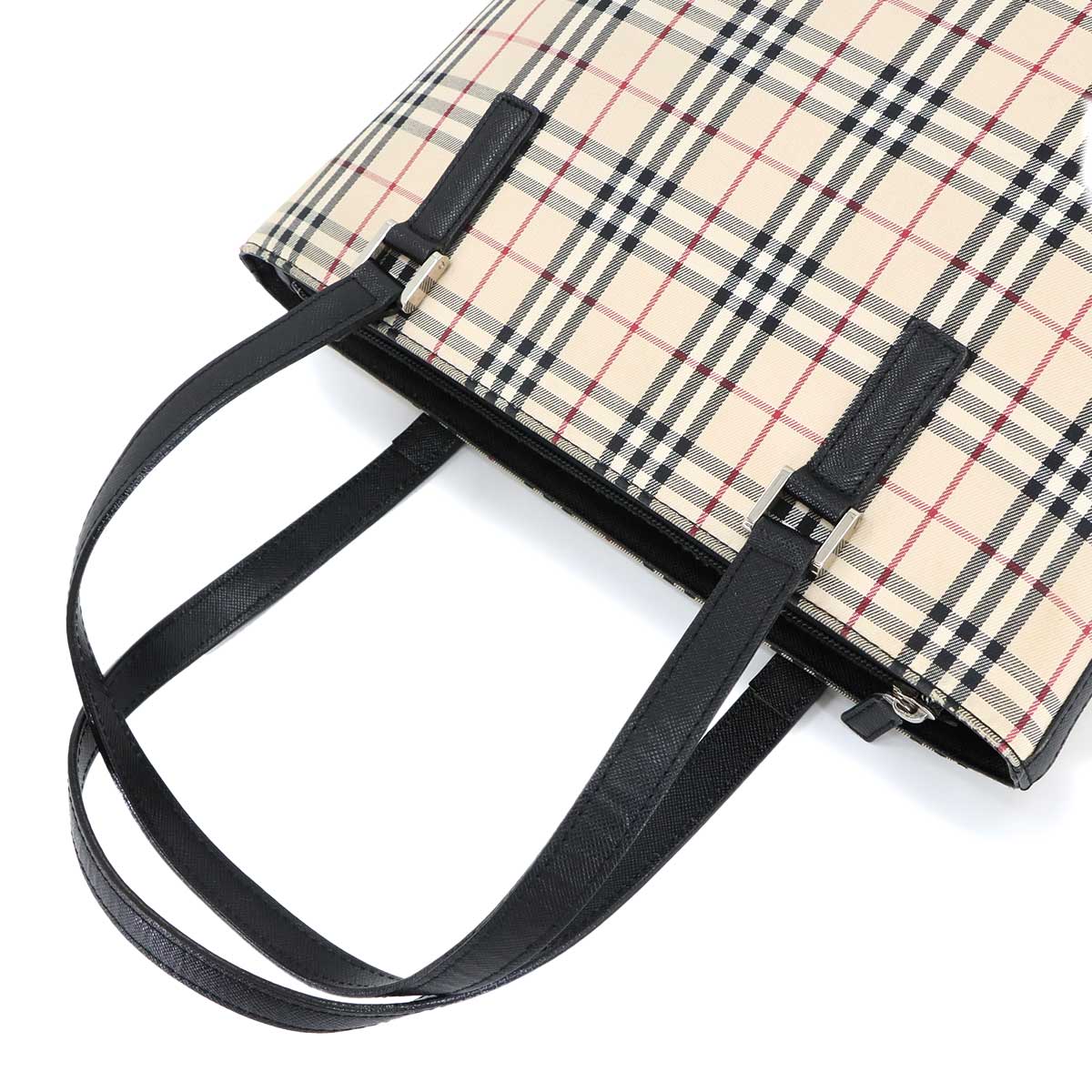 Plaid Hand Bag Canvas Leather Beige Black Purse