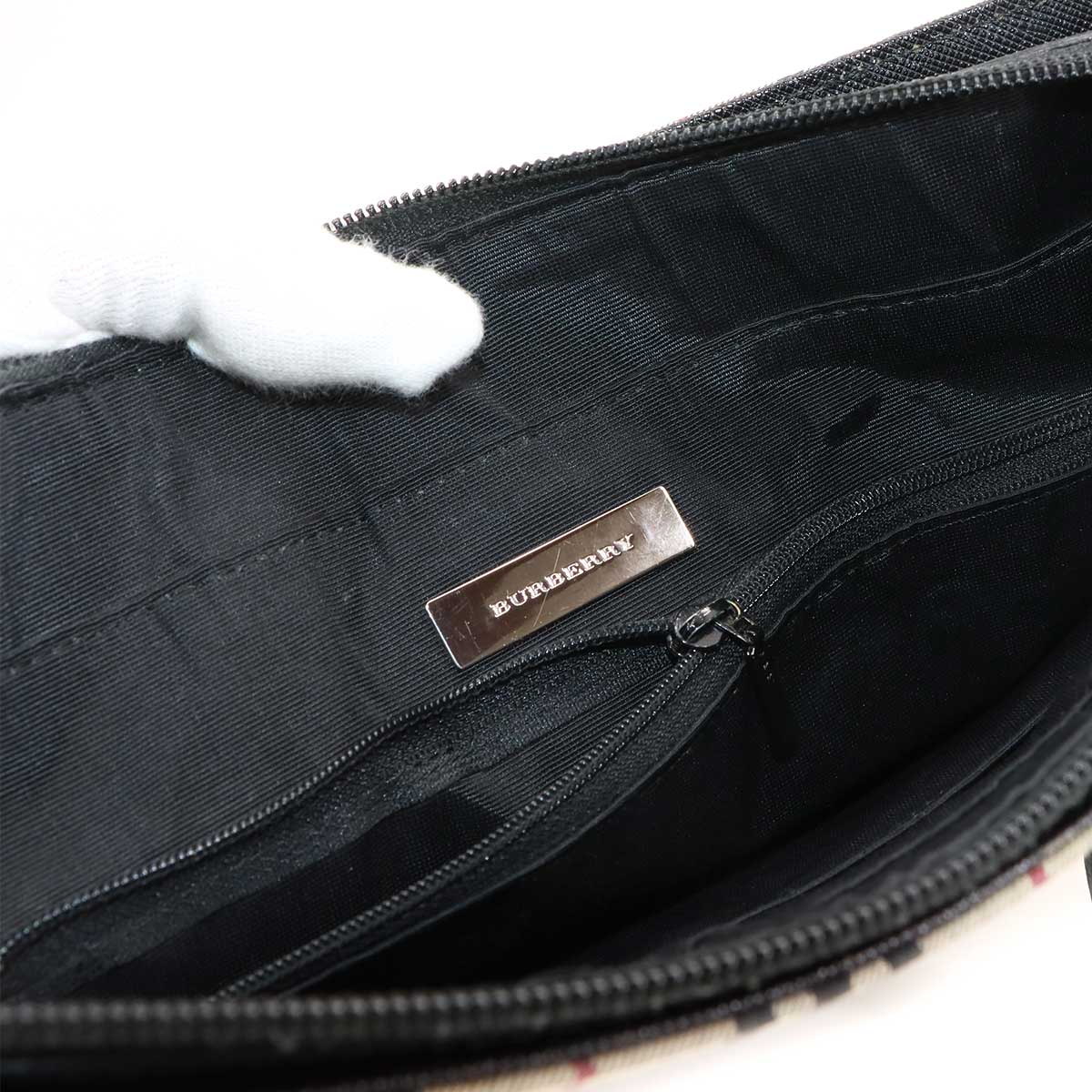 Plaid Hand Bag Canvas Leather Beige Black Purse