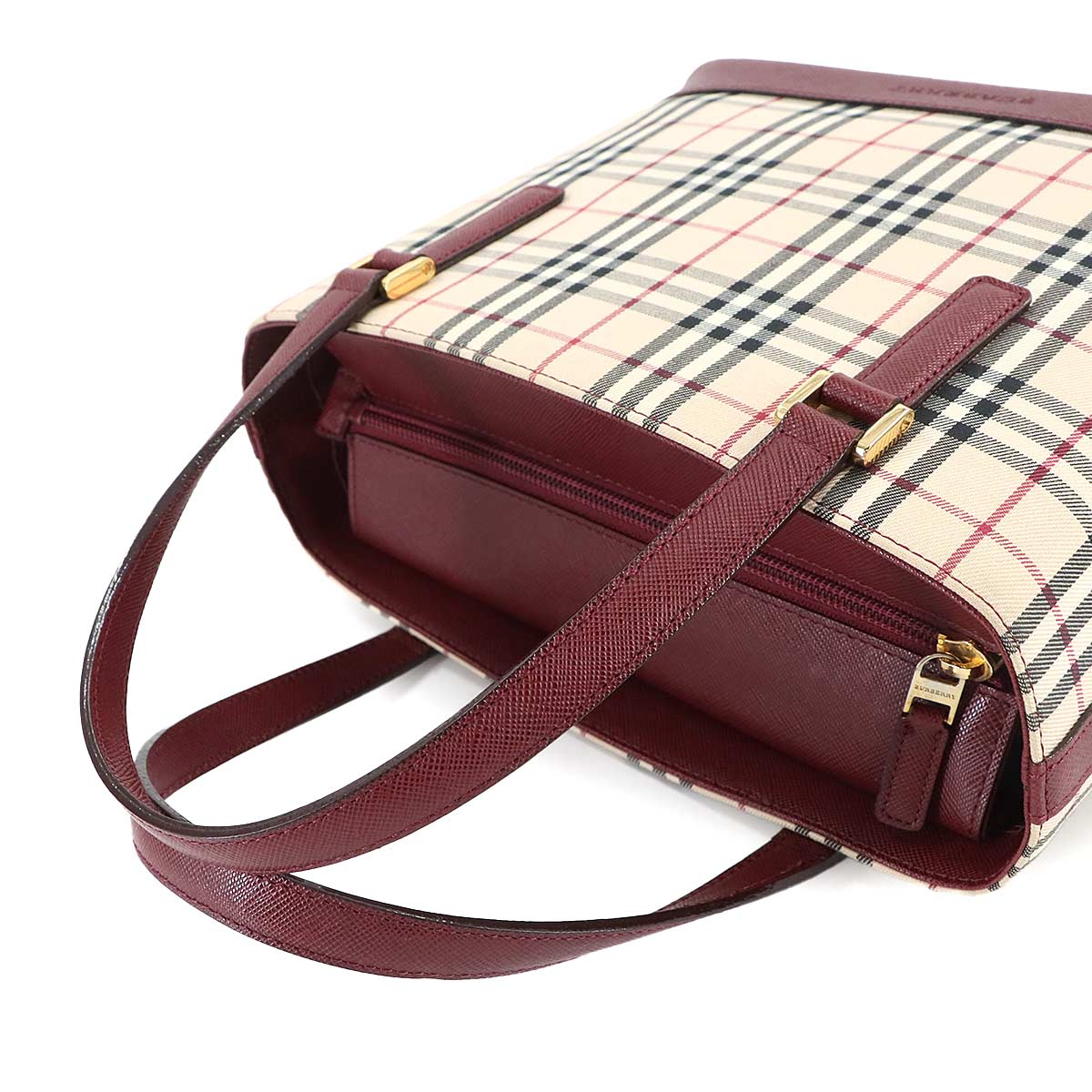 Hand Bag Canvas Leather Beige Bordeaux Purse