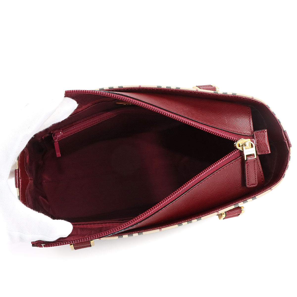 Hand Bag Canvas Leather Beige Bordeaux Purse