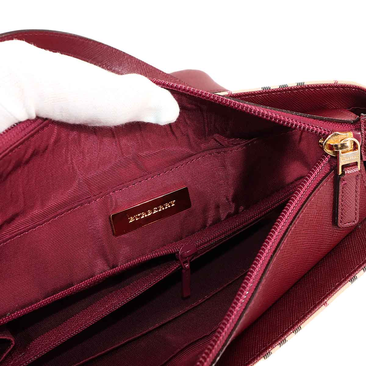 Hand Bag Canvas Leather Beige Bordeaux Purse