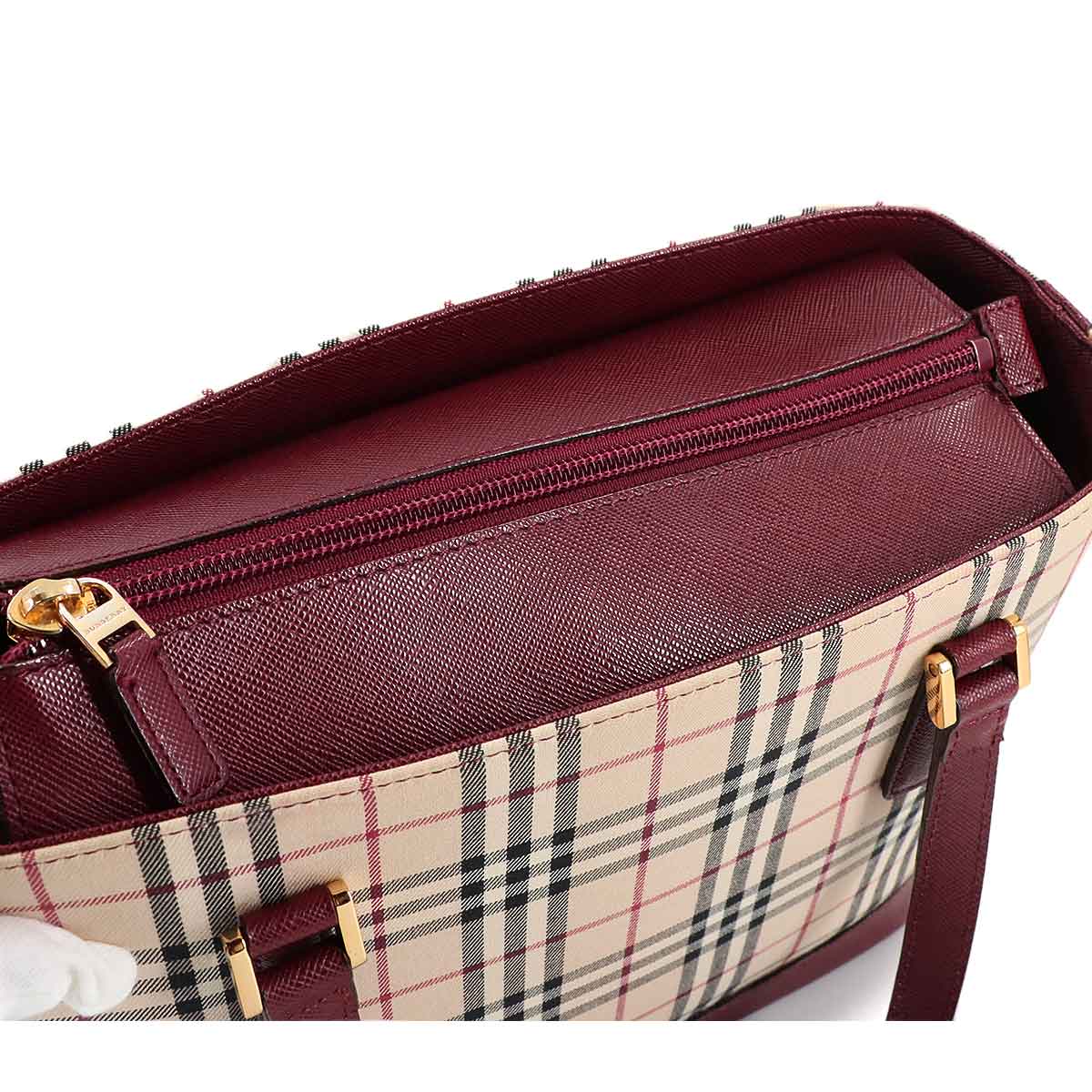 Hand Bag Canvas Leather Beige Bordeaux Purse