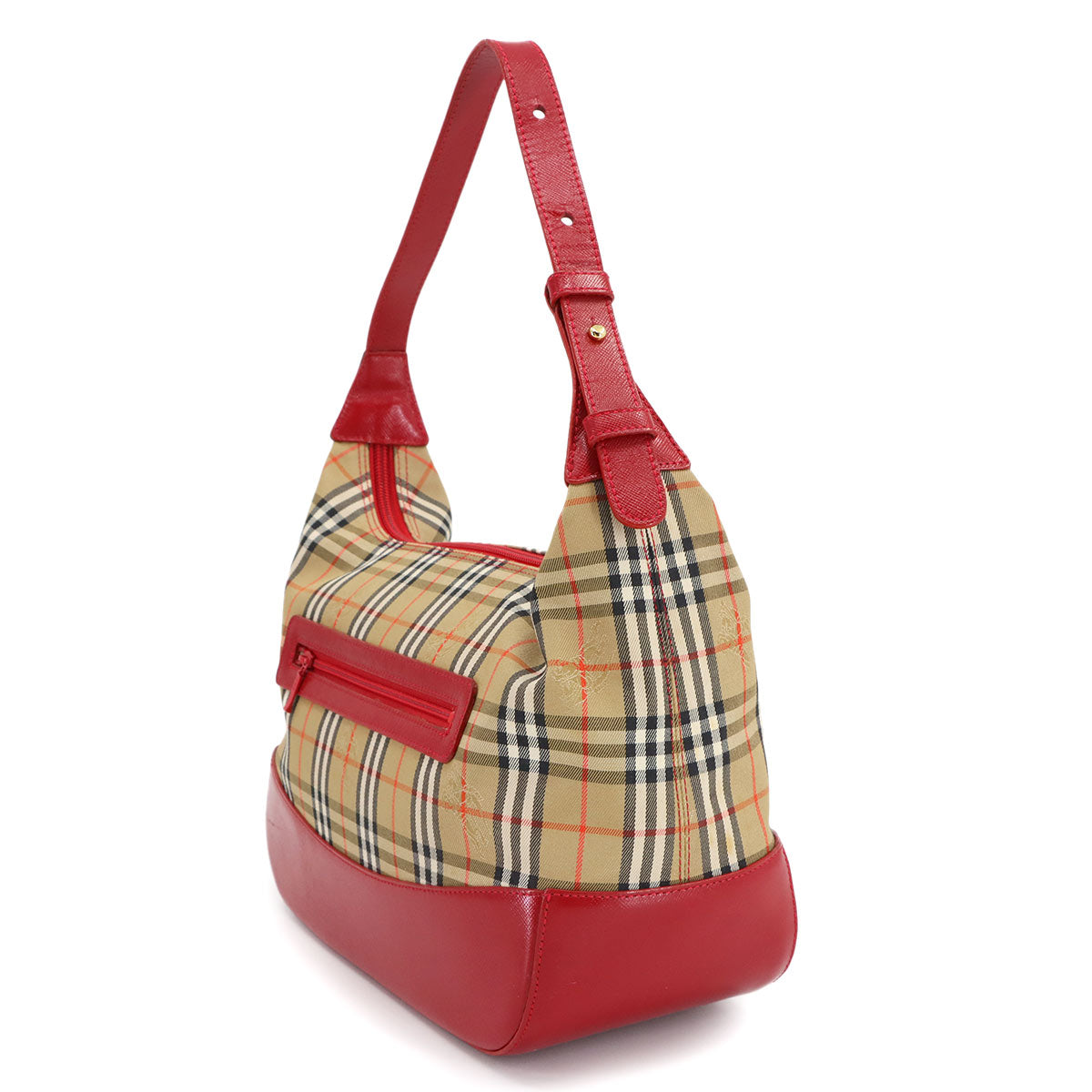 Shoulder Bag Canvas Leather Beige Red Plaid Purse