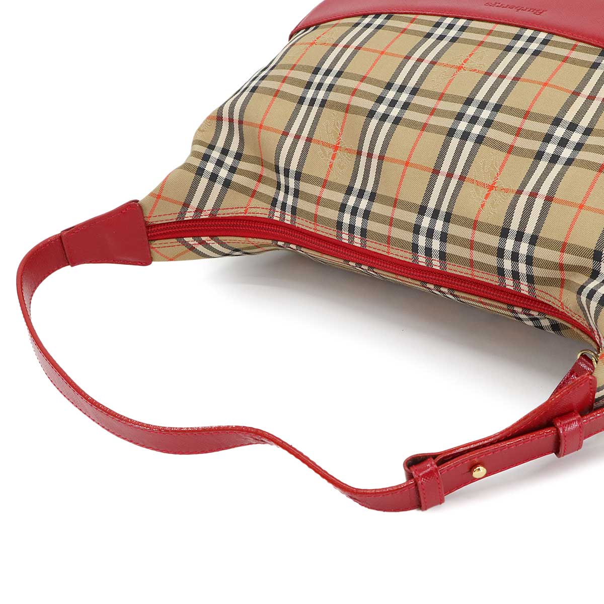 Shoulder Bag Canvas Leather Beige Red Plaid Purse
