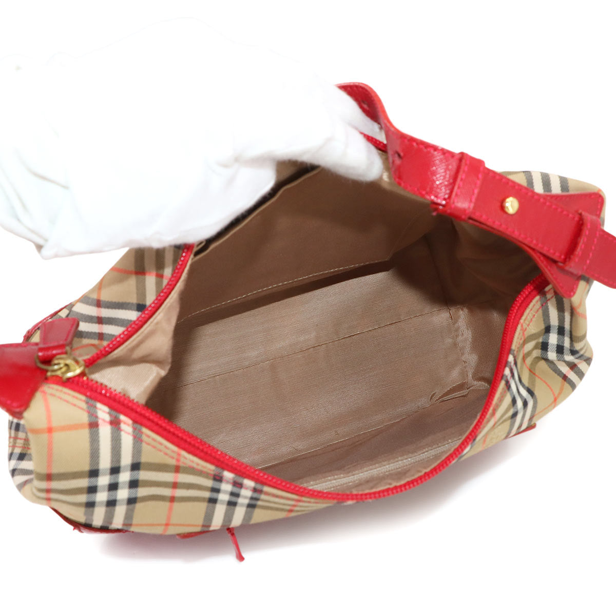 Shoulder Bag Canvas Leather Beige Red Plaid Purse