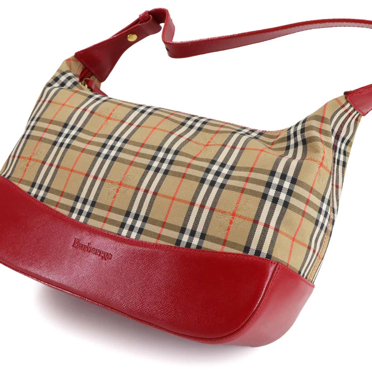 Shoulder Bag Canvas Leather Beige Red Plaid Purse