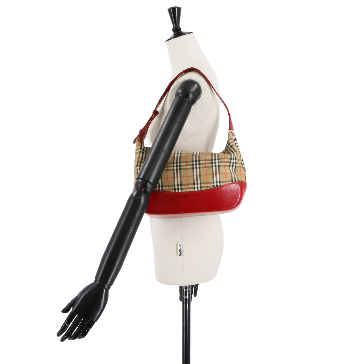 Shoulder Bag Canvas Leather Beige Red Plaid Purse