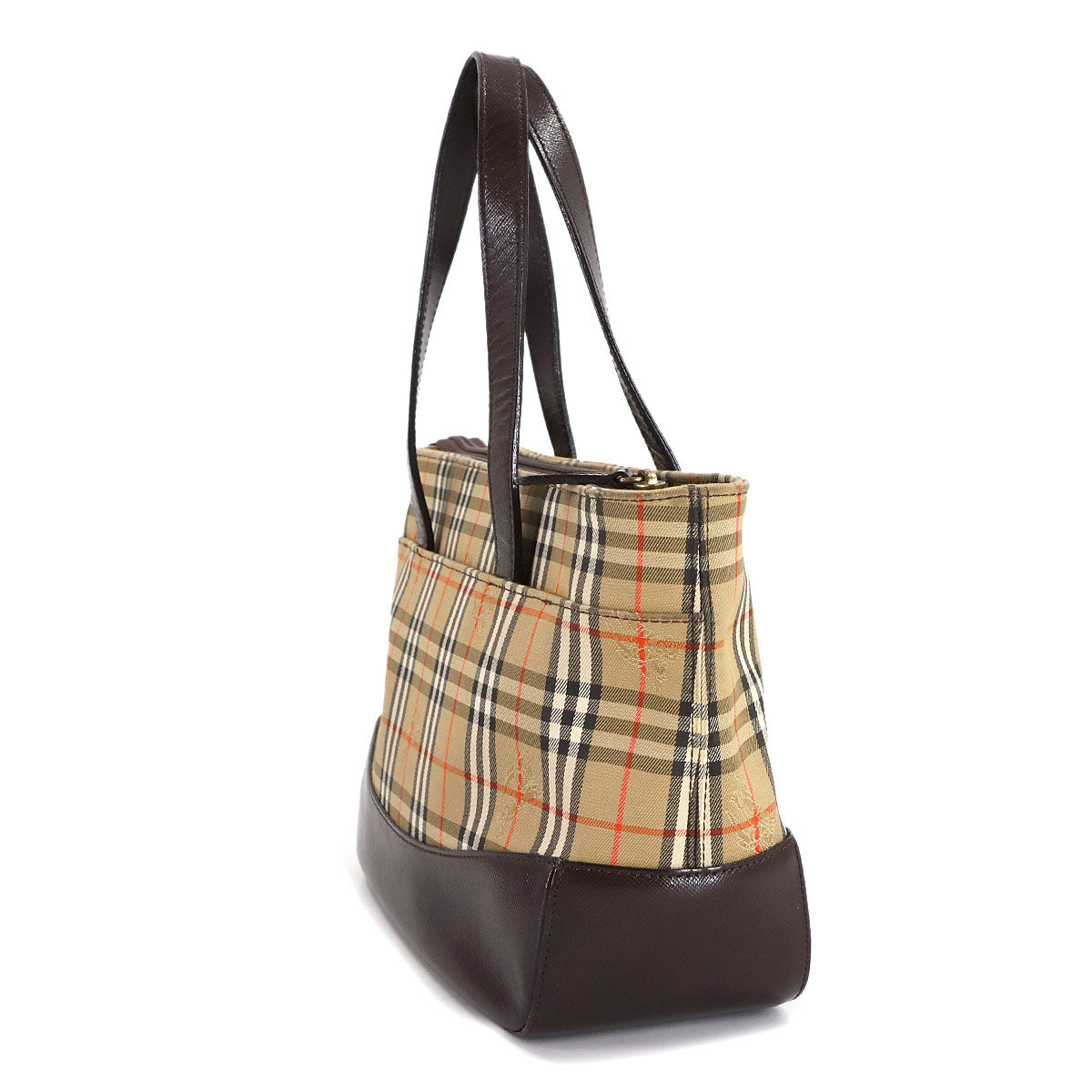 Plaid Hand Bag Canvas Leather Beige Brown Haymarket