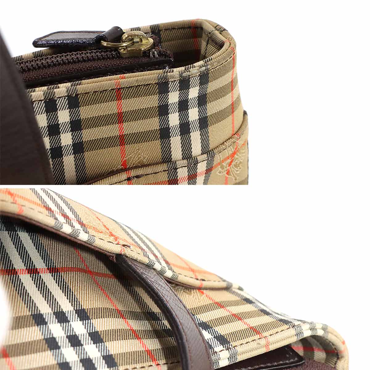 Plaid Hand Bag Canvas Leather Beige Brown Haymarket