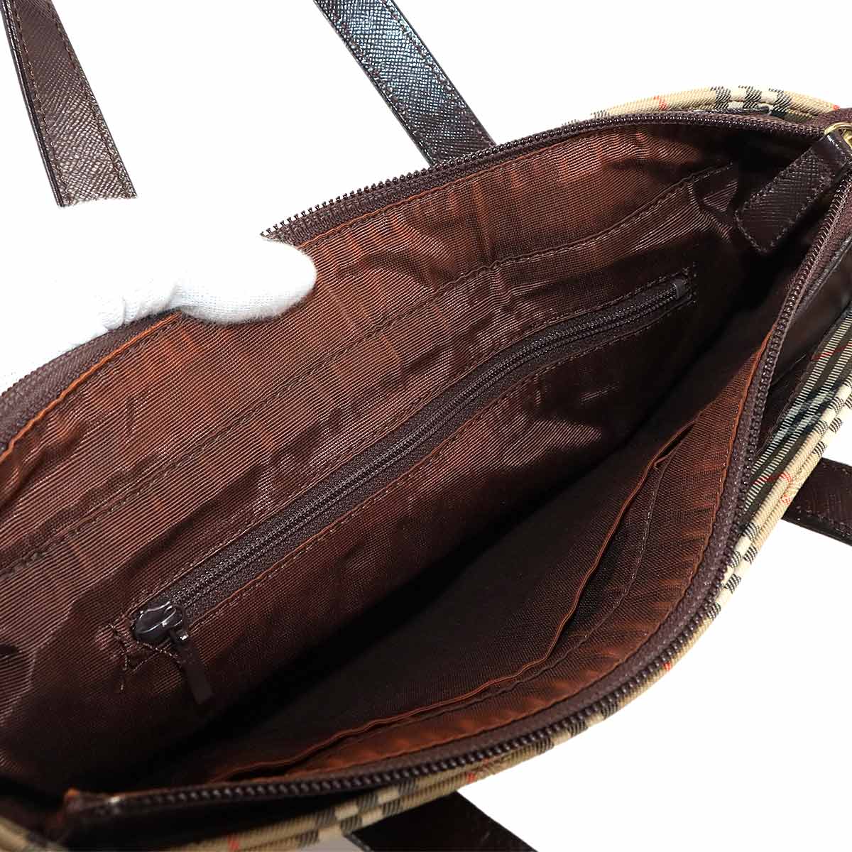 Plaid Hand Bag Canvas Leather Beige Brown Haymarket