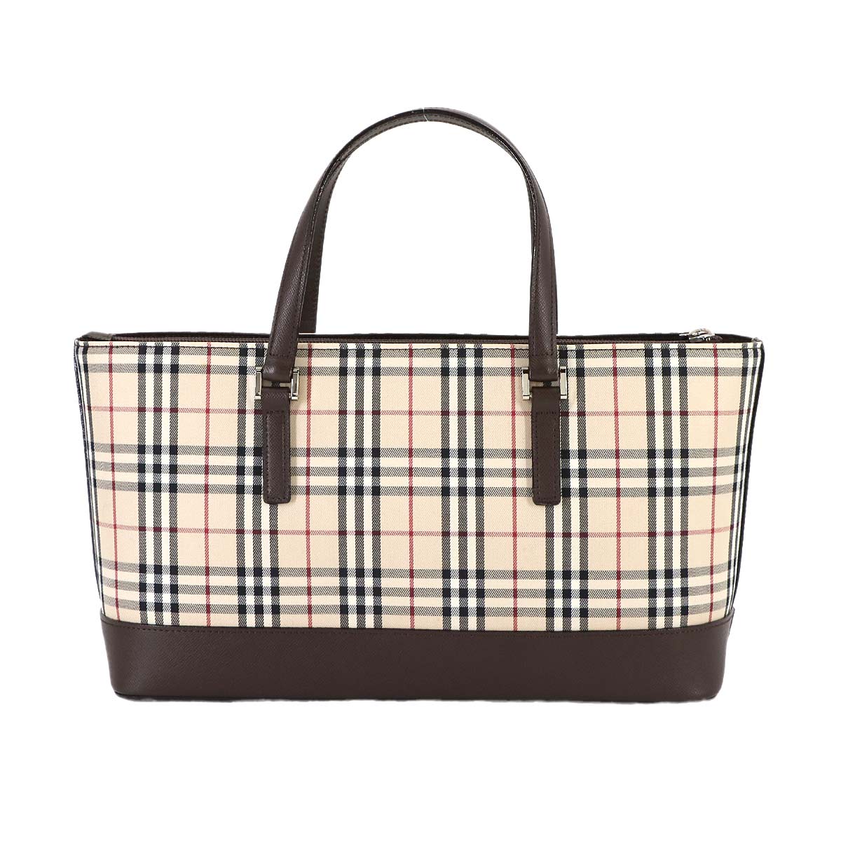 Plaid Hand Bag Canvas Leather Beige Brown Purse