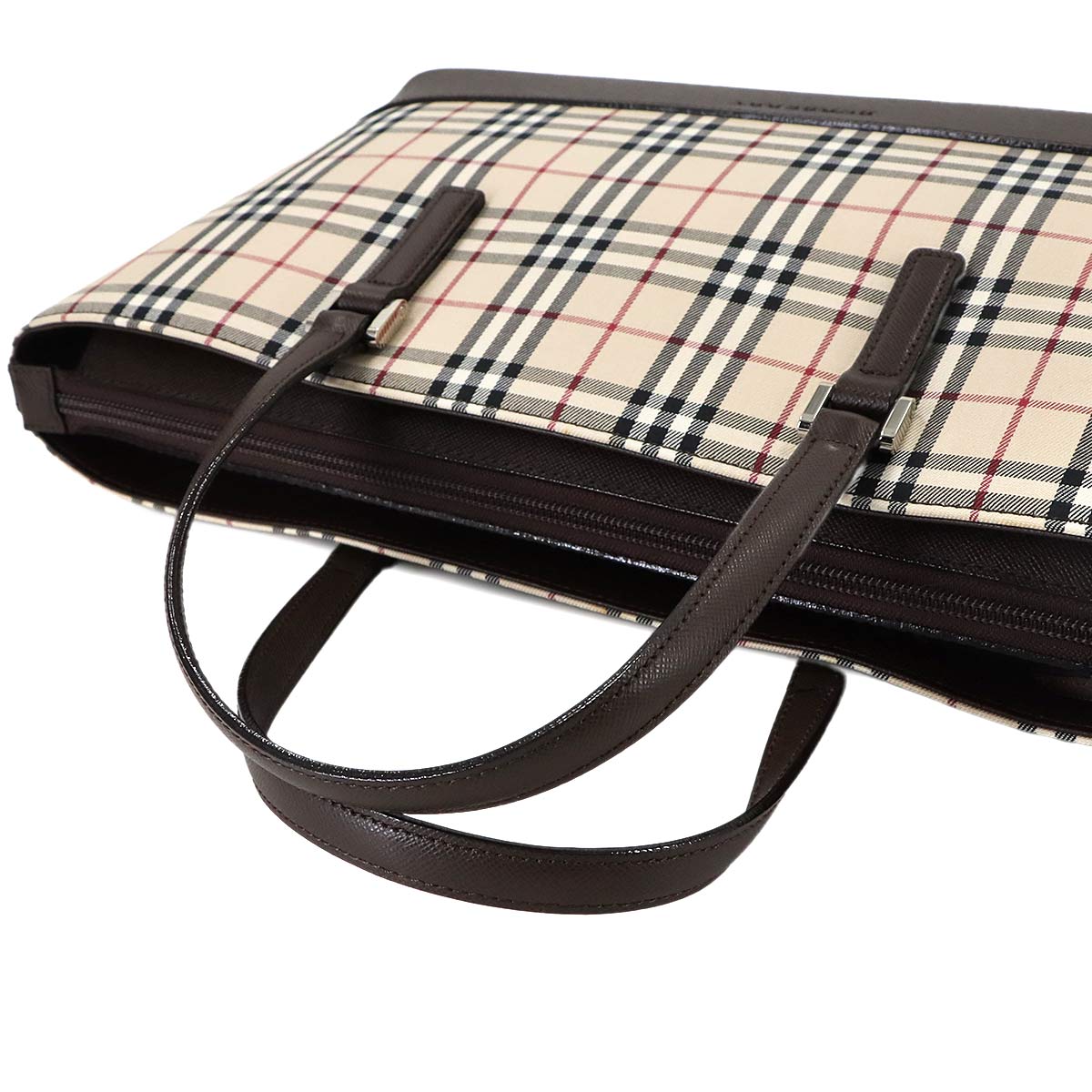 Plaid Hand Bag Canvas Leather Beige Brown Purse