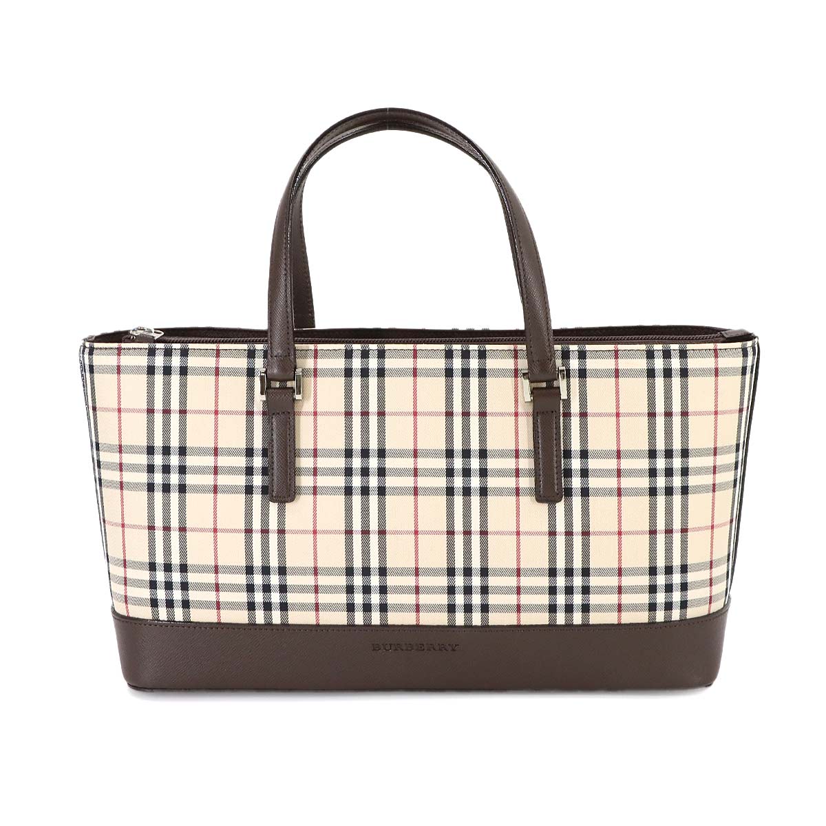 Plaid Hand Bag Canvas Leather Beige Brown Purse