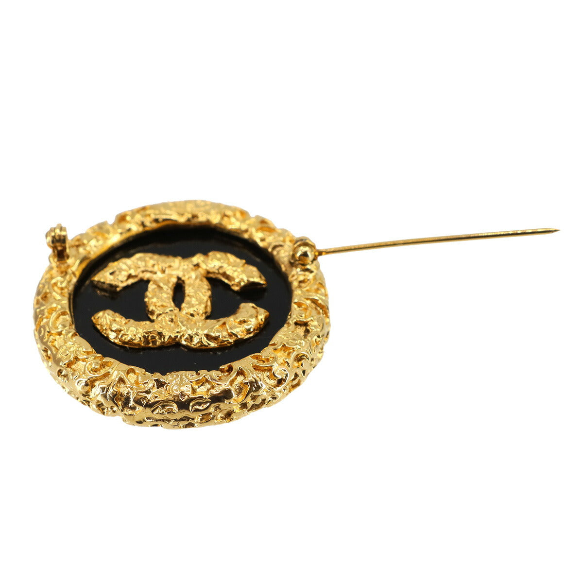 Coco Logos Round type Brooch Gold Black 93A Vintage Accessory