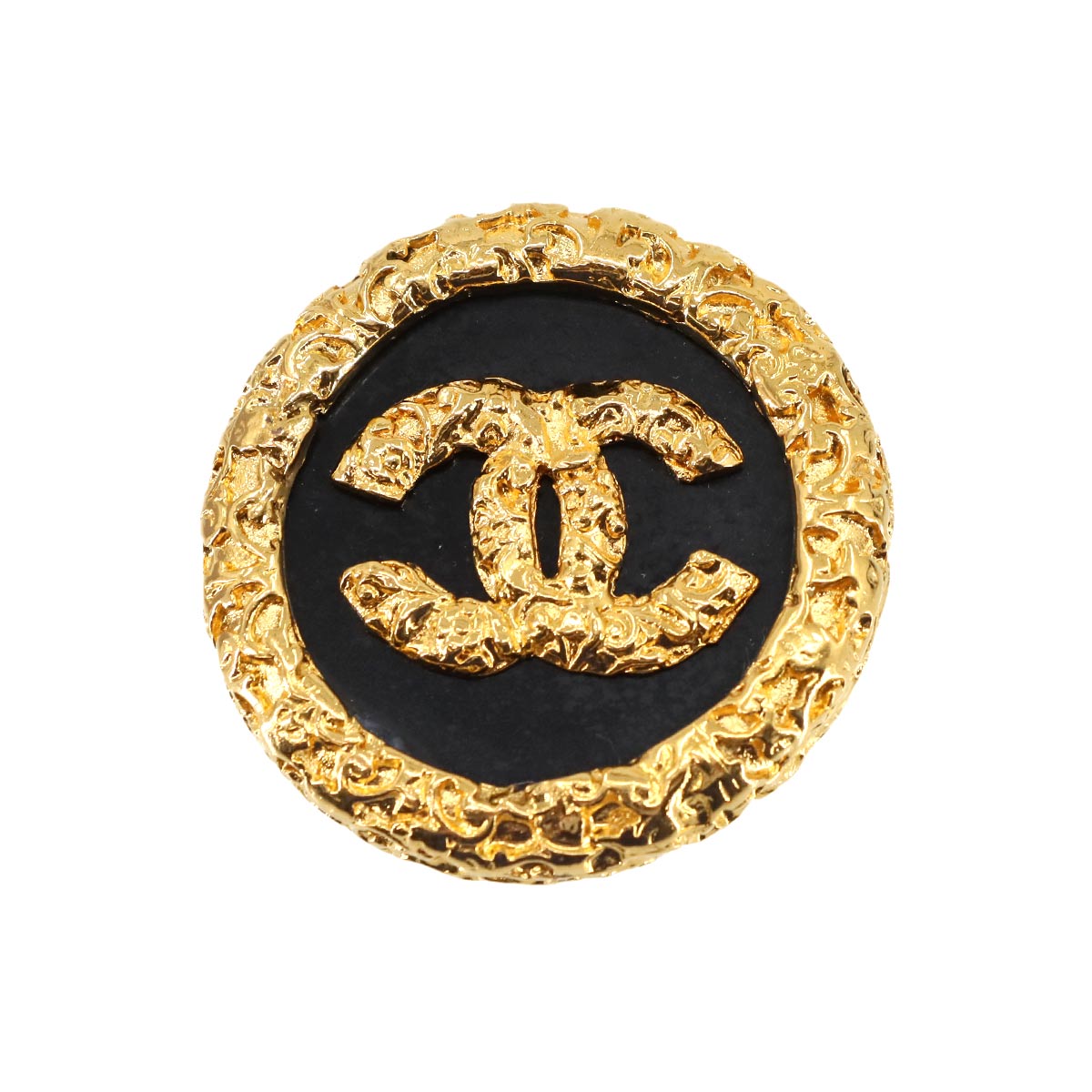 Coco Logos Round type Brooch Gold Black 93A Vintage Accessory