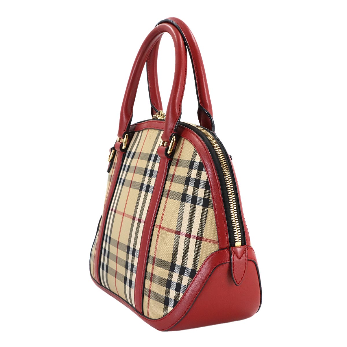 Plaid 2way Hand Shoulder Bag Nylon Leather Beige Red Purse