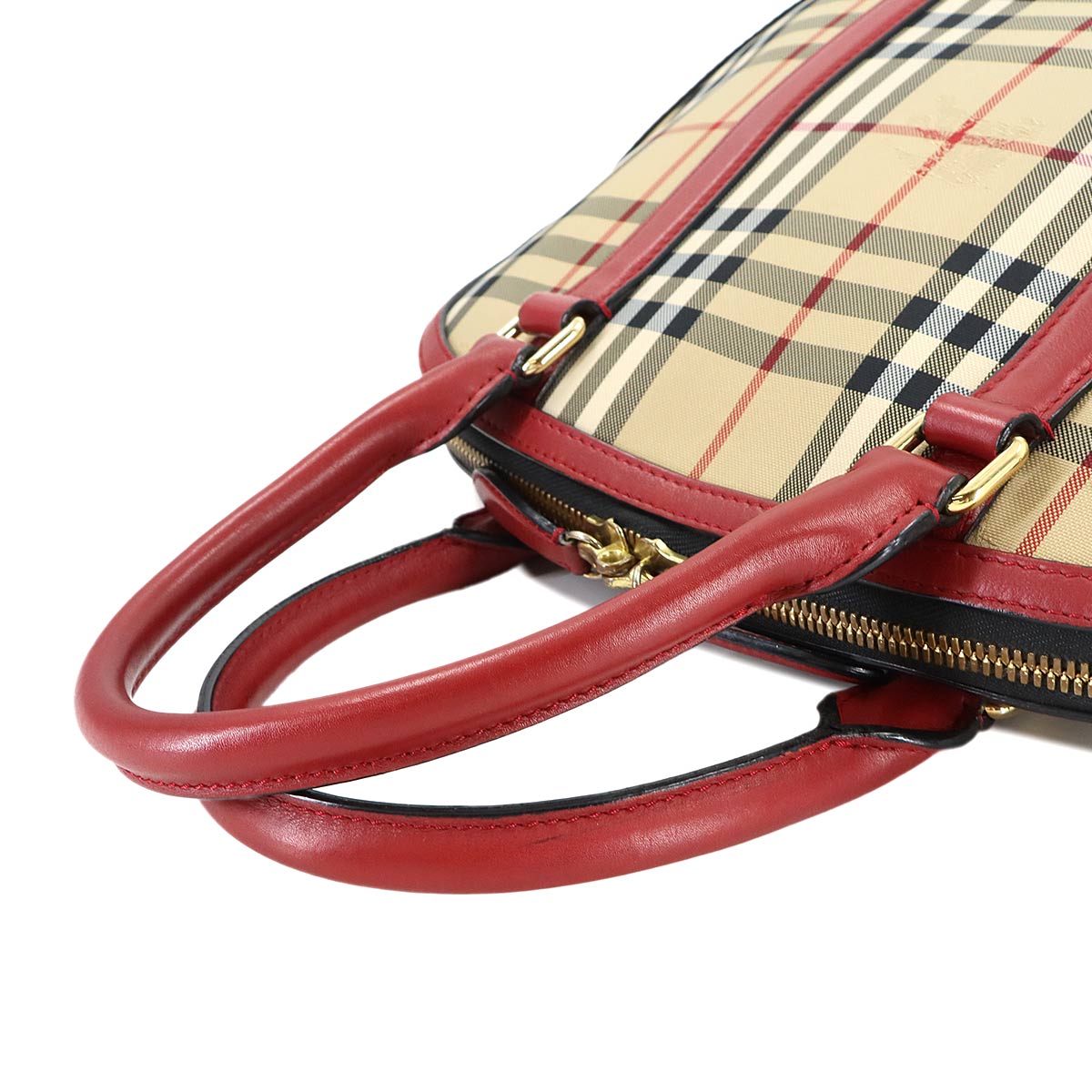 Plaid 2way Hand Shoulder Bag Nylon Leather Beige Red Purse