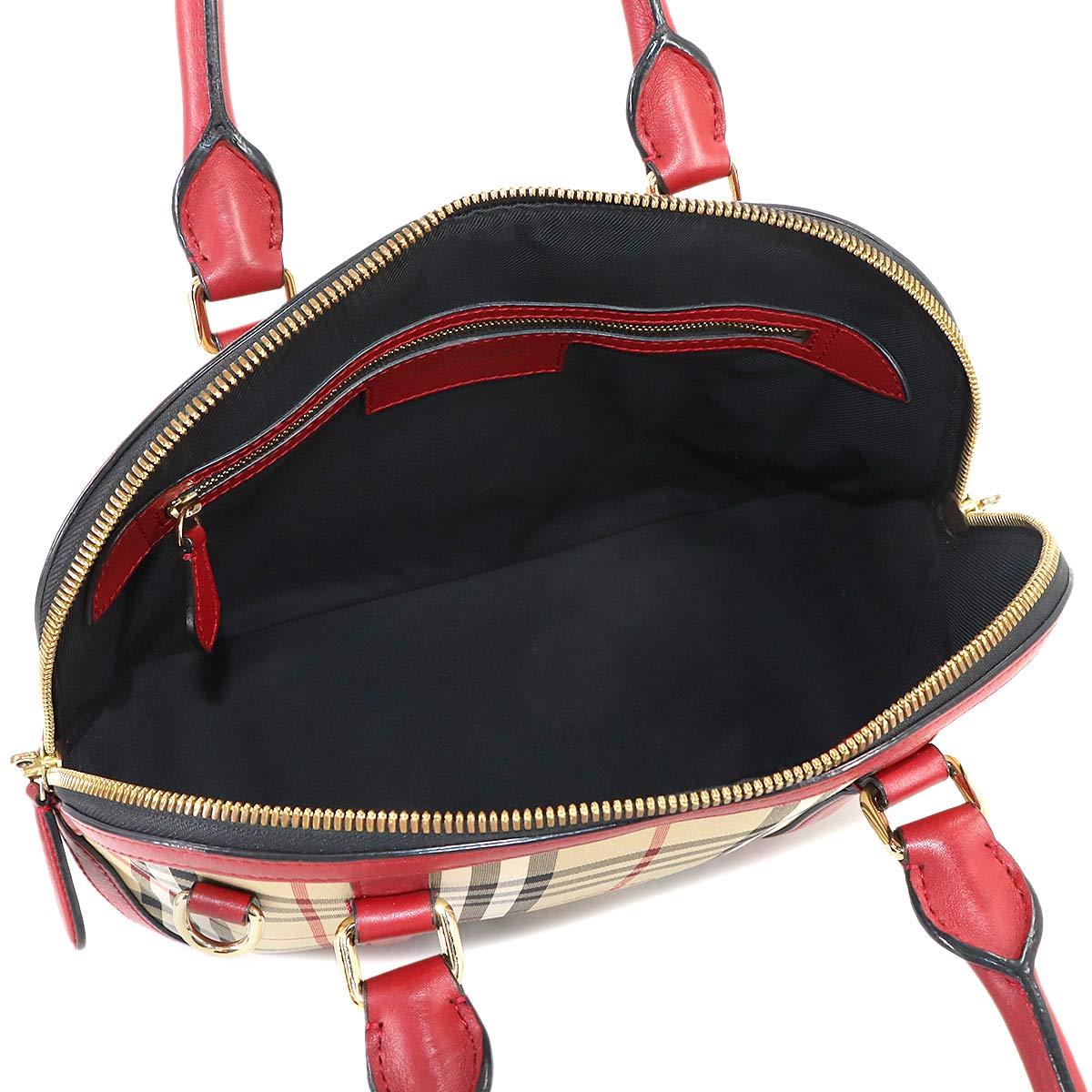 Plaid 2way Hand Shoulder Bag Nylon Leather Beige Red Purse