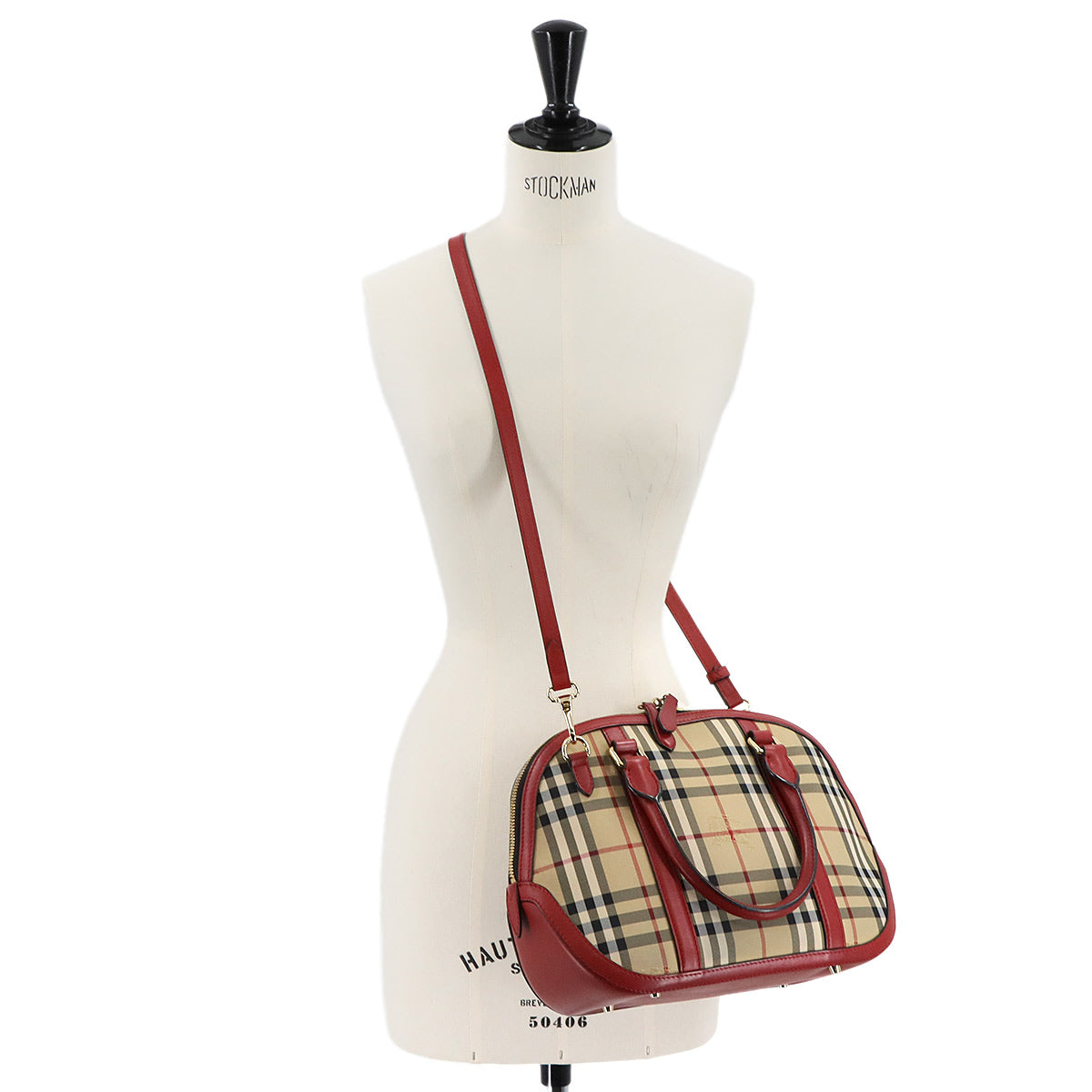 Plaid 2way Hand Shoulder Bag Nylon Leather Beige Red Purse