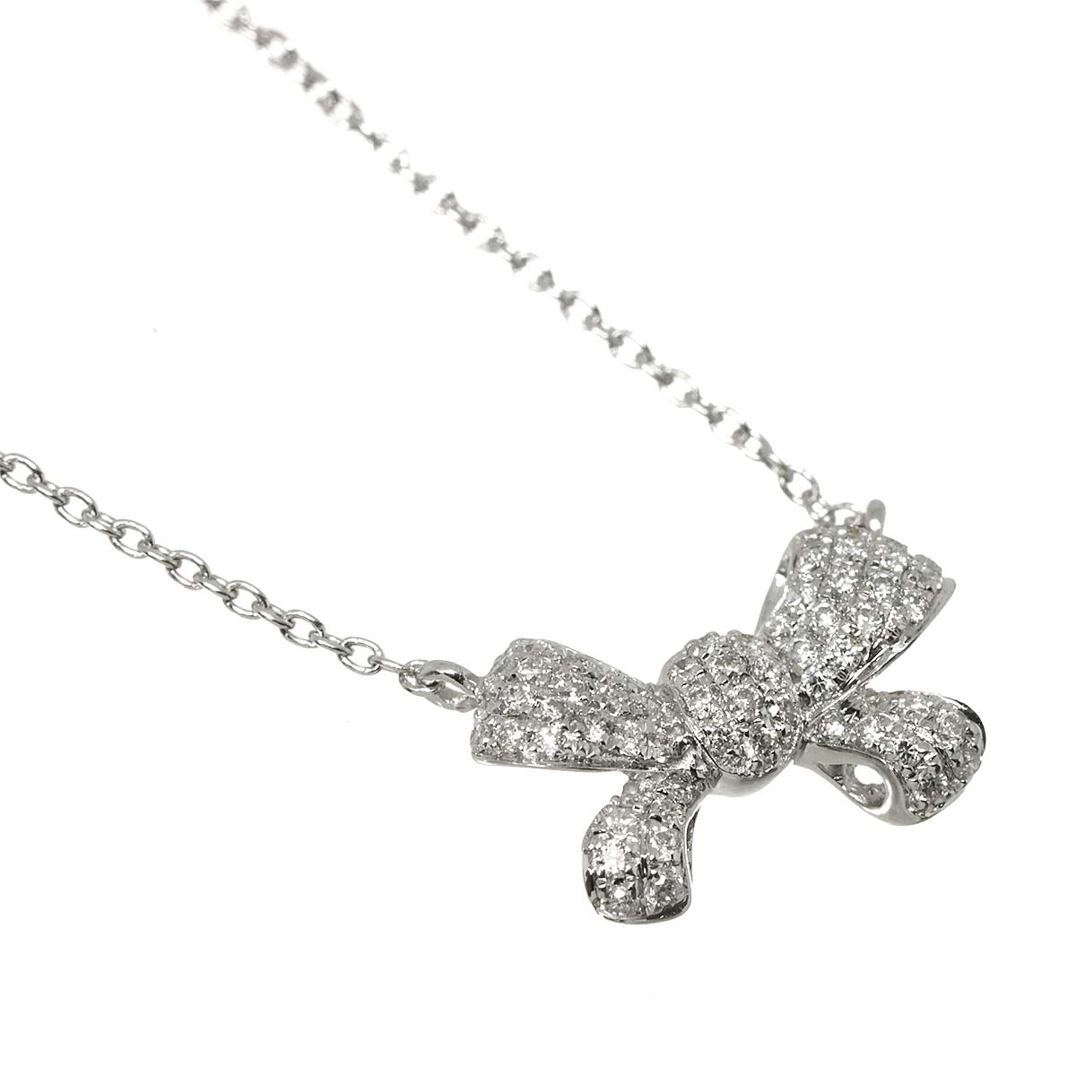 Ribbon Motif Diamond 0.22ct Necklace 18K White Gold 750