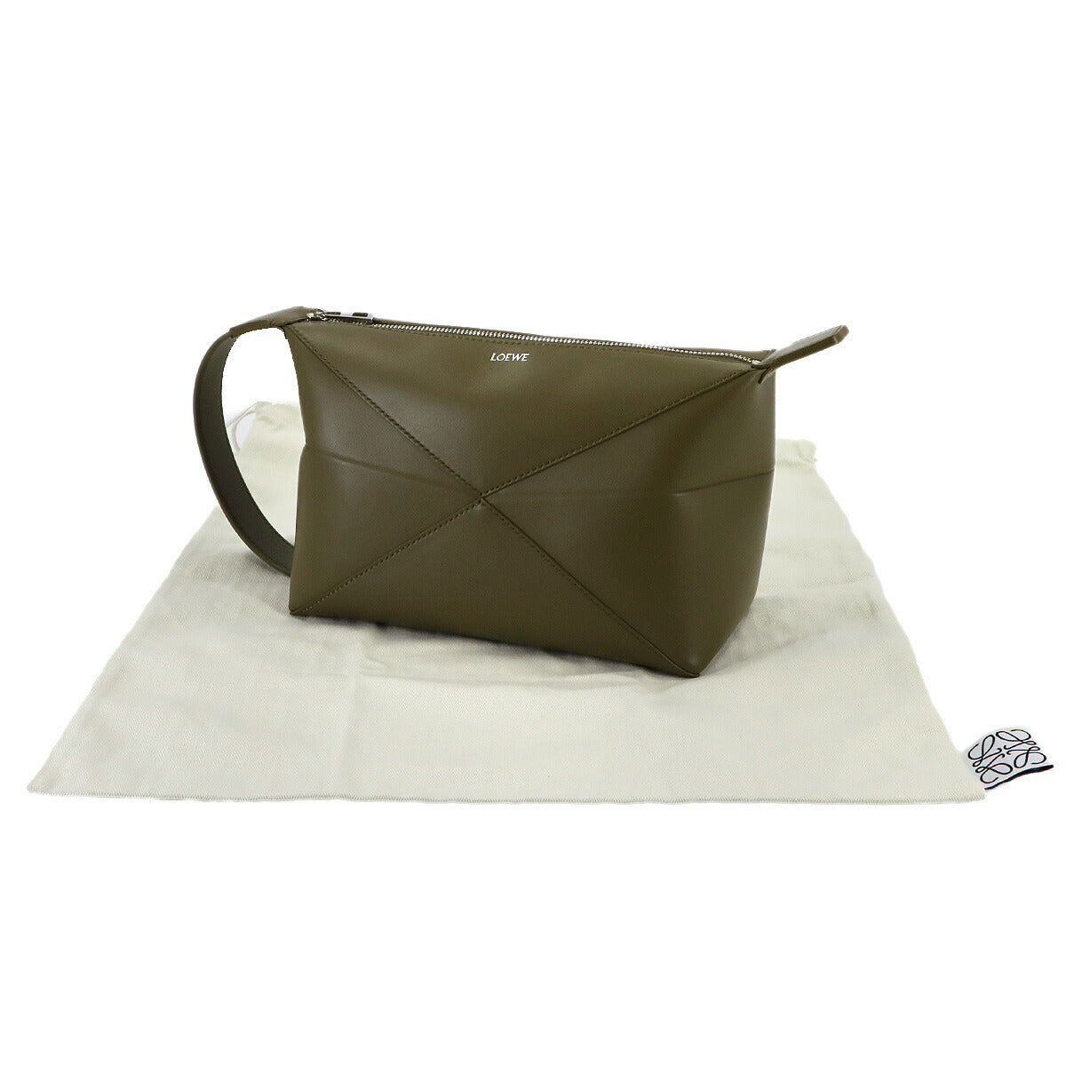 Puzzle Fold Wash Hand Clutch Bag Leather Olive Purse