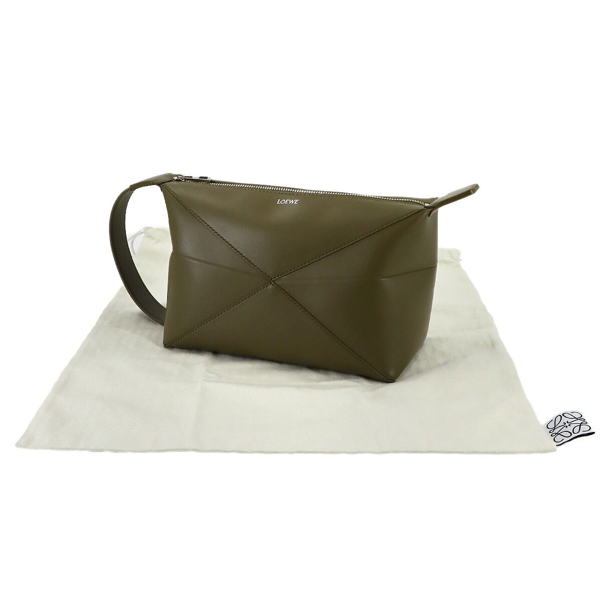 Puzzle Fold Wash Hand Clutch Bag Leather Olive Purse