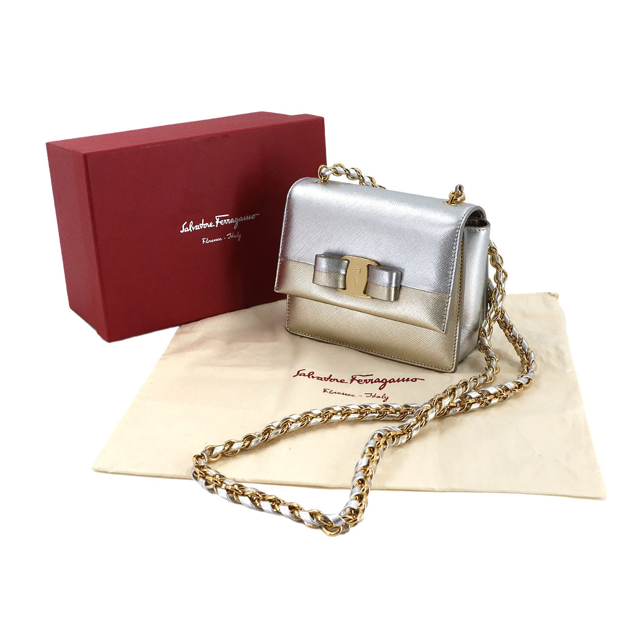 Vara Chain Shoulder Bag Leather Metalic Silver Gold