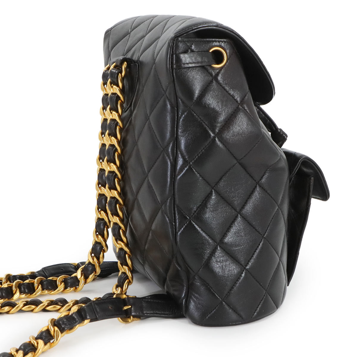 Matelasse Chain Backpack Leather Black duma Purse Vintage