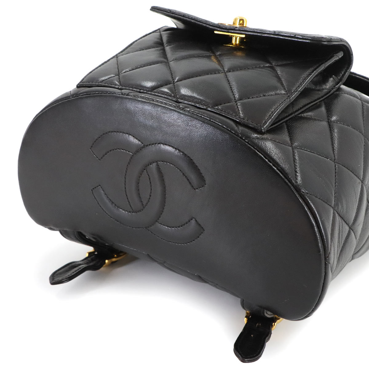 Matelasse Chain Backpack Leather Black duma Purse Vintage