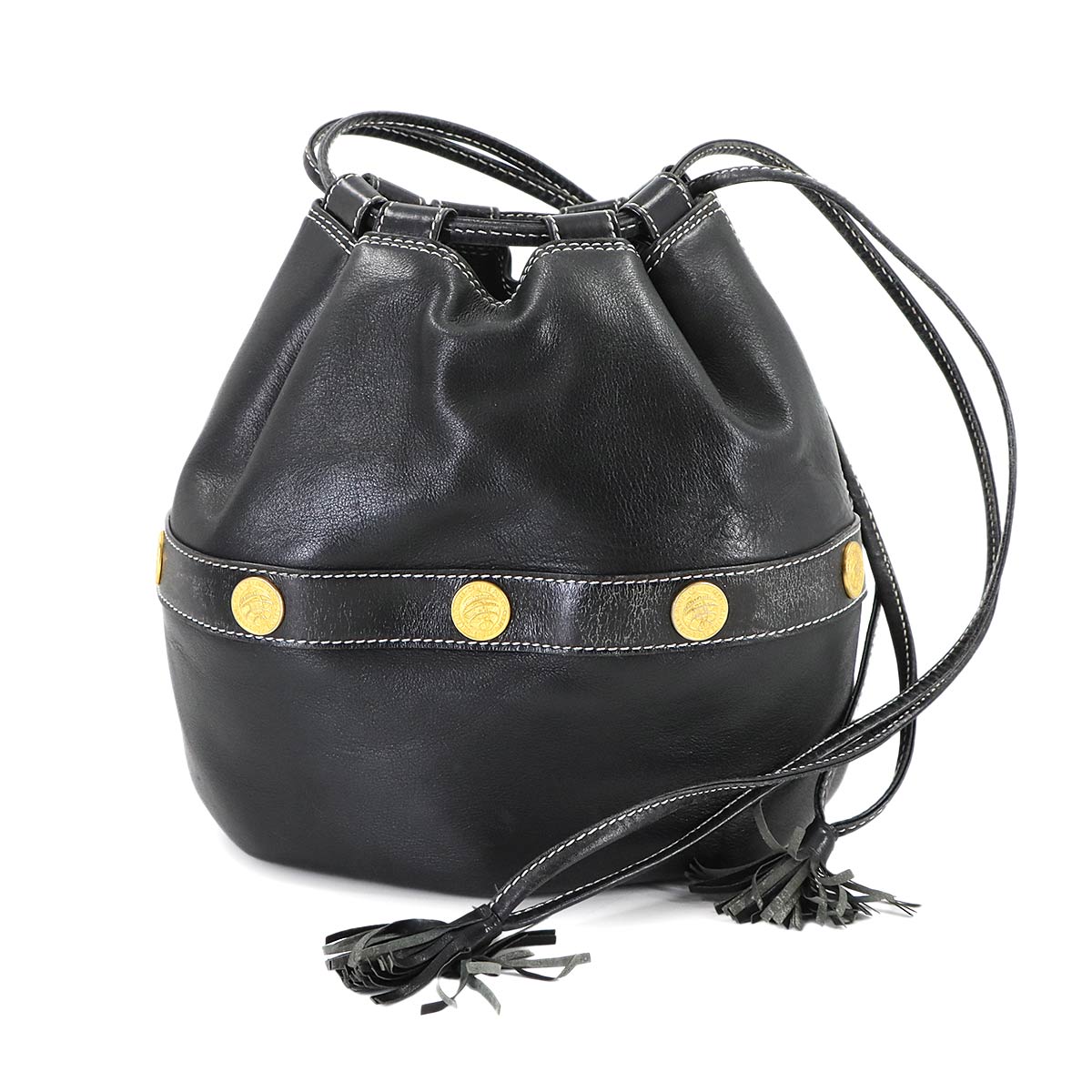 Drawstrings Shoulder Bag Leather Black Vintage Purse