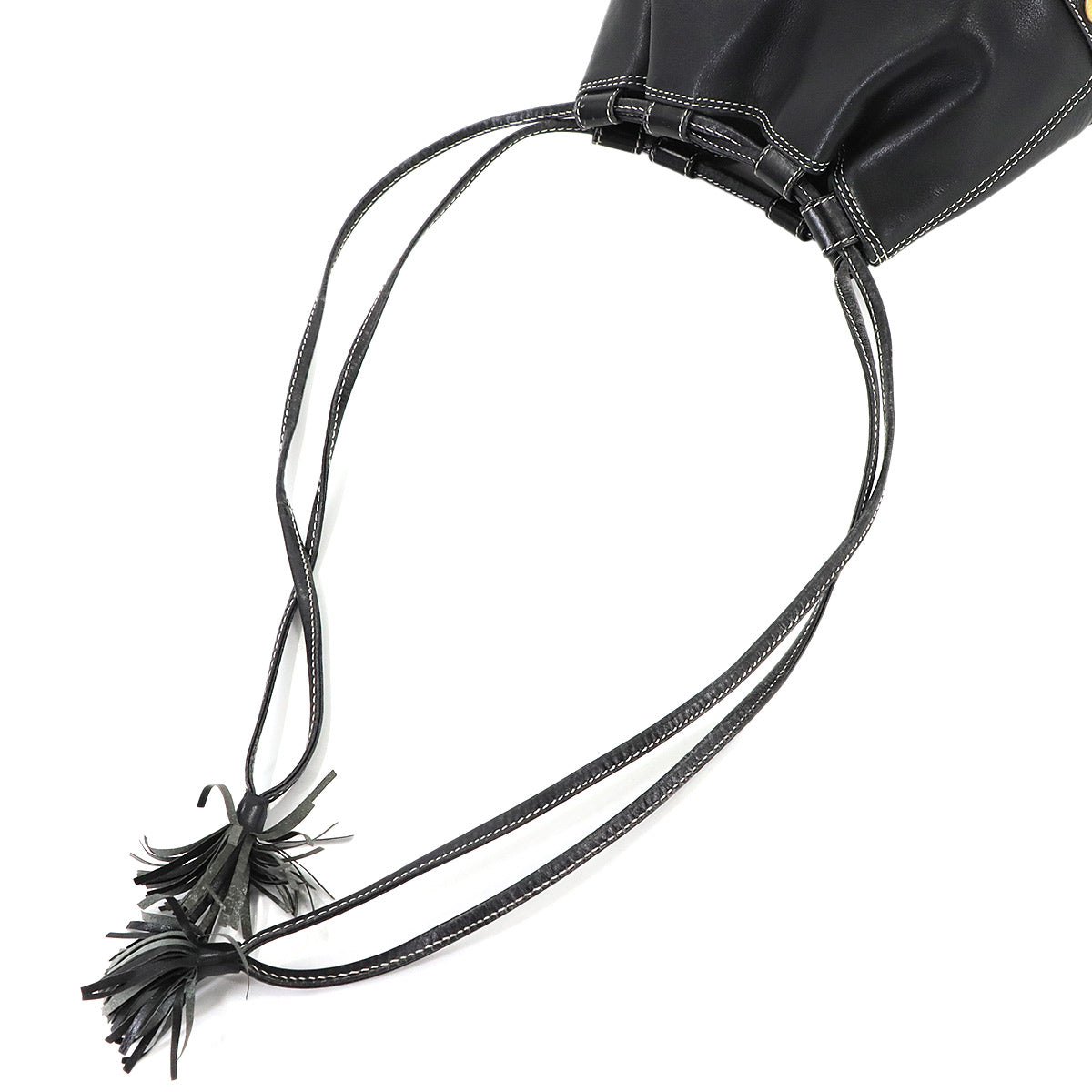 Drawstrings Shoulder Bag Leather Black Vintage Purse