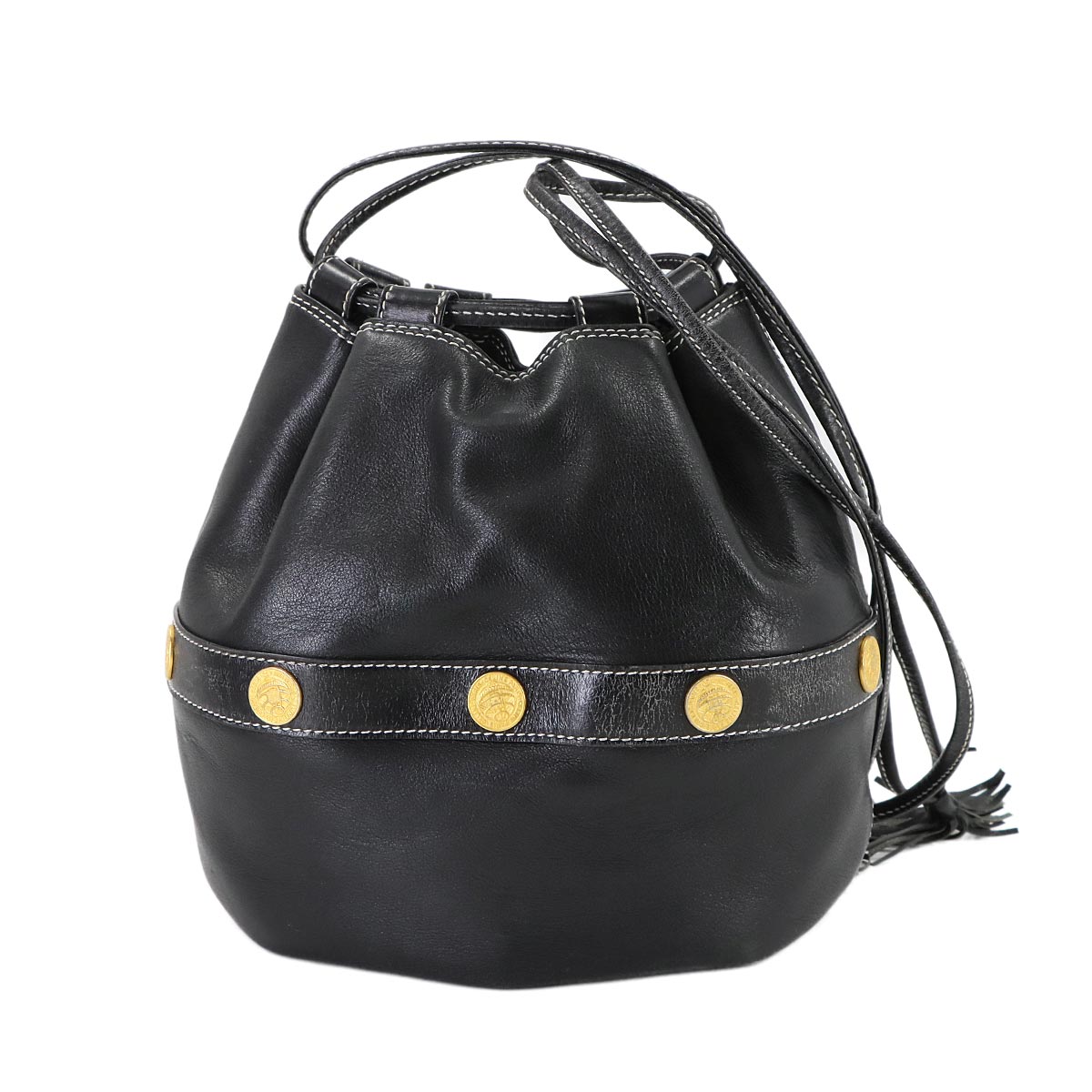Drawstrings Shoulder Bag Leather Black Vintage Purse