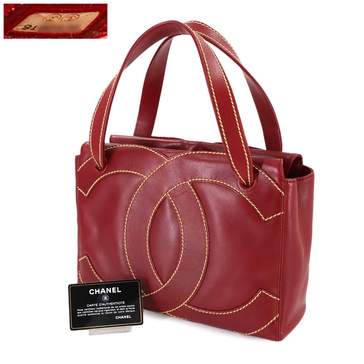 CC logo Hand Bag Leather Red Vintage Purse