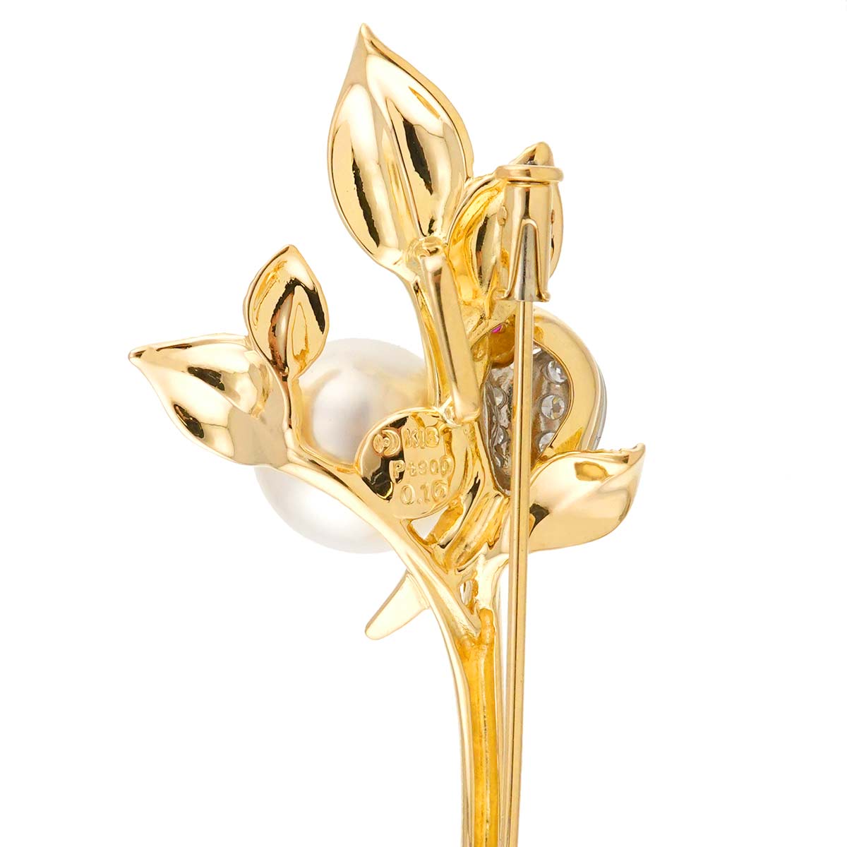 South Sea pearl 10.8mm Diamond 0.16ct Ruby Brooch 18K YG 750 Pt