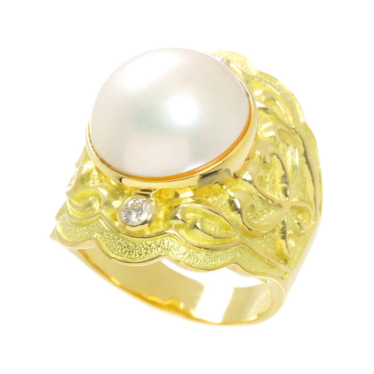 Mabe pearl Diamond 0.12ct Ring 18K Yellow Gold 750 size5.5-5.75(US)