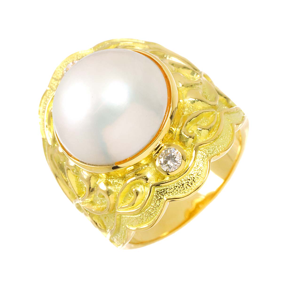 Mabe pearl Diamond 0.12ct Ring 18K Yellow Gold 750 size5.5-5.75(US)