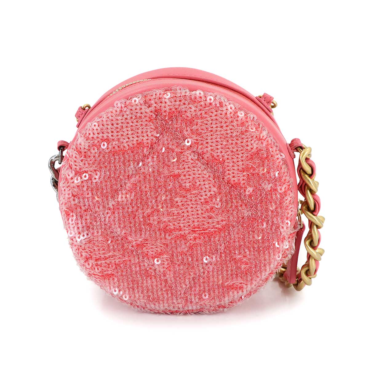 19 Round Clutch Chain Shoulder Bag Sequins Leather Pink AP0945