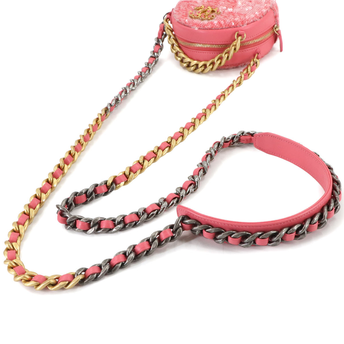 19 Round Clutch Chain Shoulder Bag Sequins Leather Pink AP0945
